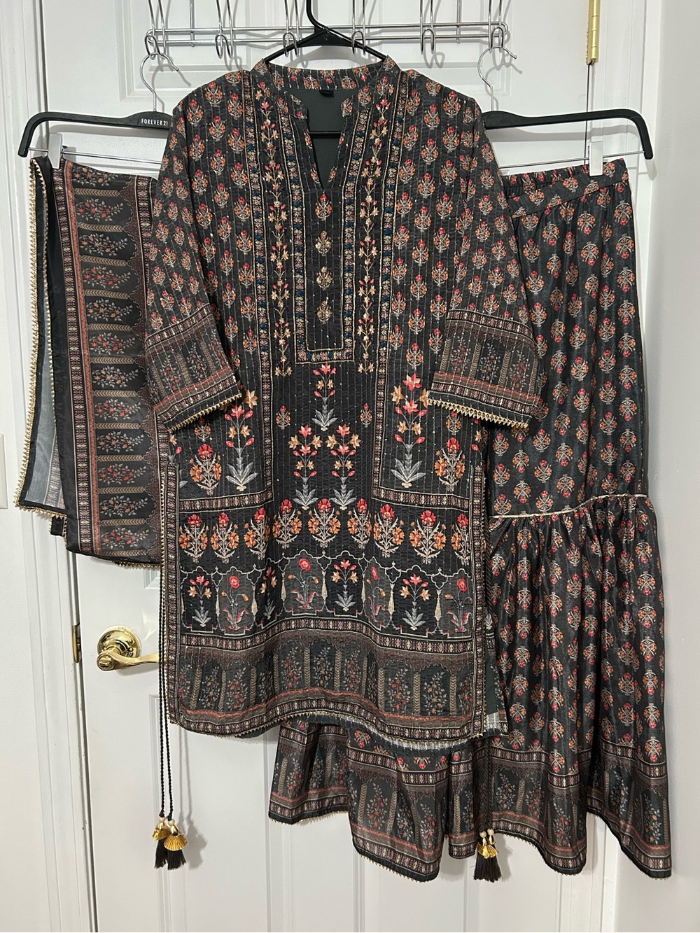 Indian Pakistani 3 piece stitched suit with gharara pant in grey floral print
